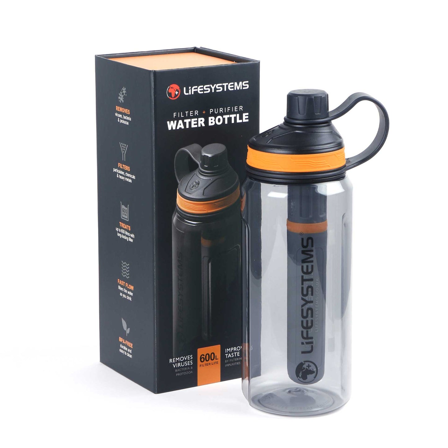 Water Filter & Purifier Bottle Black/Orange 1 L